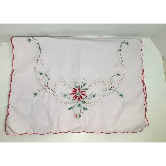 Vintage Hand-Embroidered Poinsettia Table Runner 48" X 16" White Cotton Red & Gr - Picture 7 of 11